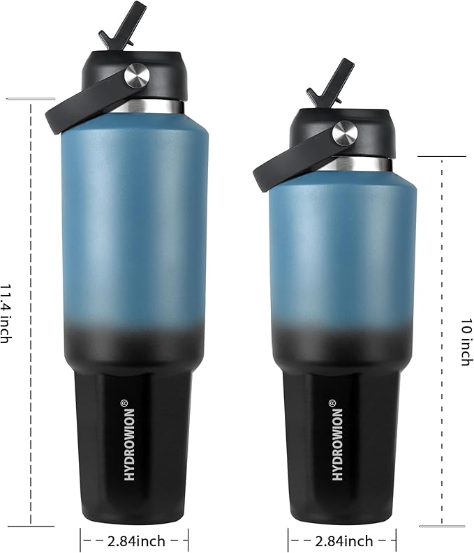 HYDROWION 40 oz Insulated Water Bottle, Car Water Bottle Holder - Double Wall Vacuum Insulated Travel Bottle with Straw Lid, Spout Lid and Flex Cap - Cold for 24H, Hot for 12H, Olive
