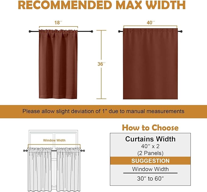 Aiyufeng Terracotta Short 36 Inches Blackout Curtain 2 Panels Set, Half Window Rod Pocket Privacy Curtain Tiers for Kitchen, Curtains Blackout for Bathroom Shades, W40 x L36 Inch, Terracotta