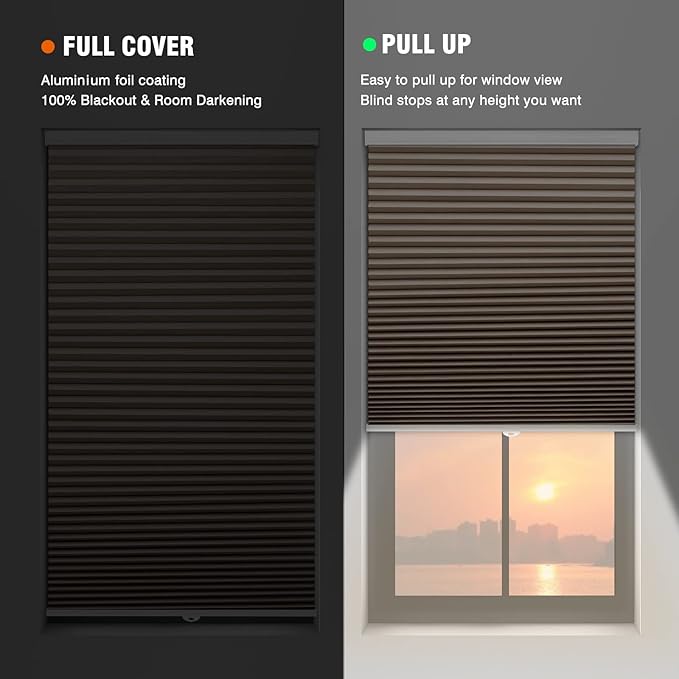 Changshade Custom Size Blinds for Windows Cellular Shades Cordless Blackout, Door Window Shade Indoor Honeycomb Blind Room Darkening Light Blocking Pleated 1.5'' Single Cell for Home, Office, Brown