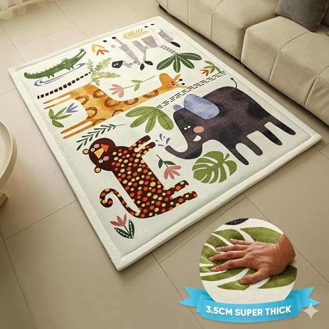 Animals Baby PlayMat Rug Extra Thick 3.5CM | Cloudsoft Coral Velvet Crawl Memory Foam Floor Mat | Anti-Spill | Anti-Slip | Toddlers Infants Kids Children | 60"x80" | Tummy Time | Padded Yoga Rug
