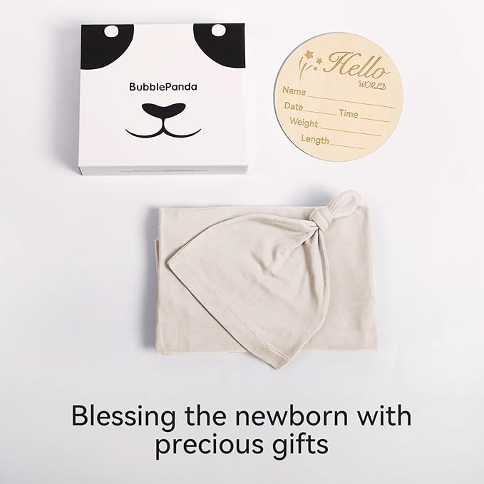 Rayon Made from Bamboo Newborn Swaddle Blanket Set with Matching Beanie, Super Soft Stretchy Baby Clothes Outfit for Girl Boy, Receiving Blankets Newborn Essentials, 47 x 47 Inch