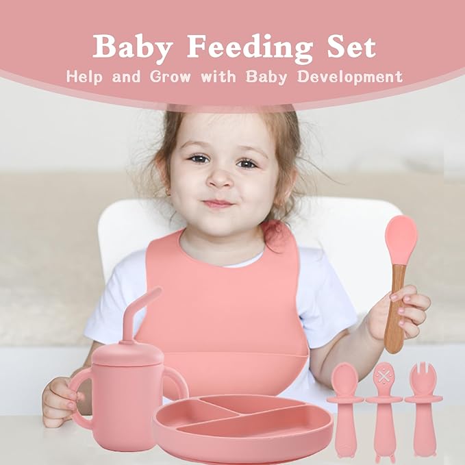 Silicone Baby Feeding Set - 13PCS Essentials With Suction Bowl, Plate, Spoons, Forks, Bib, Cup, Toothbrush - Led Weaning Supplies for 6+ Months Eating (Pink)