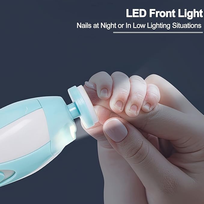 Baby Nail Trimmer Electric, Low Noise Newborn Safe Nail Clipper Kit with Light and Replaceable 6 Grinding Heads, Hand-Holding Care Polish and Trim for Infant Toddler Adults Toes Fingernails, Blue