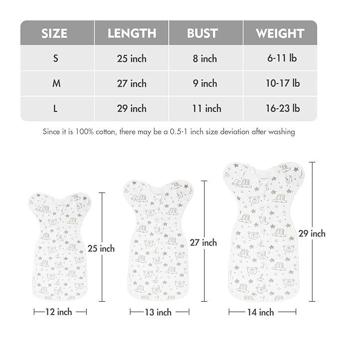 Baby Transition Swaddle Sack, Baby Swaddle Arms Up Transition Bag,Snug fit Calms Startle Reflex, Breathable Cotton Newborn Sack, 2-Way Zipper Cars & Bears (0-3 Month)