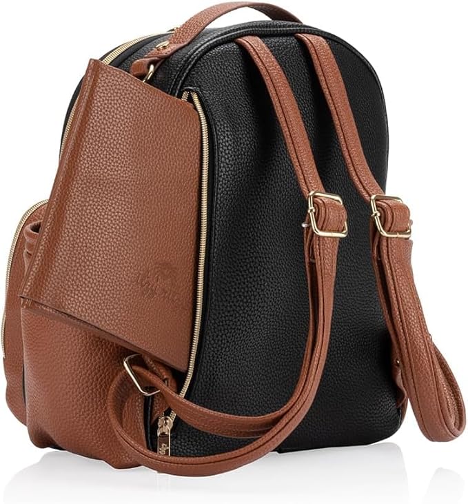 Itzy Ritzy Mini Diaper Bag Backpack – Chic, Compact Mini Plus Backpack with Changing Pad, 10 Pockets (6 Internal, 4 External), Grab-Top Handle & Rubber Feet (Coffee & Cream)