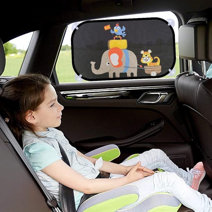 MOVINPE Car Sun Shade for Baby Kids 2 Pack Static Cling Side Window Car 80GSM Rear Sunshades Universal with 8 Suction Cups and Storage Bag - Sun Glare and UV Rays Protection (Elephant & Tiger)
