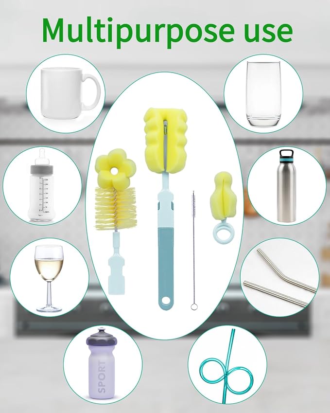 SEBIKAM 4-in-1 Baby Bottle Brush Set, Scratch-Free Sponge & Long Handle Cleaner for Wide/Standard Neck Bottles, Nipple, Sippy Cups & Straws, Quick Dry Design (Green)