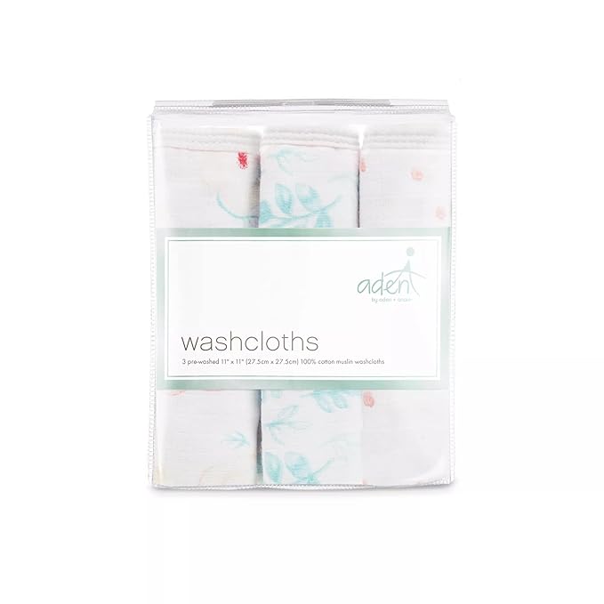 aden + anais Essentials Washcloth 3-Pack, Super Soft 100% Cotton Muslin, Gentle on Skin, 3 Absorbent 11x11 Layers, Softer with Every Use, Perfect for Babies, Infants, Toddlers, Full Bloom
