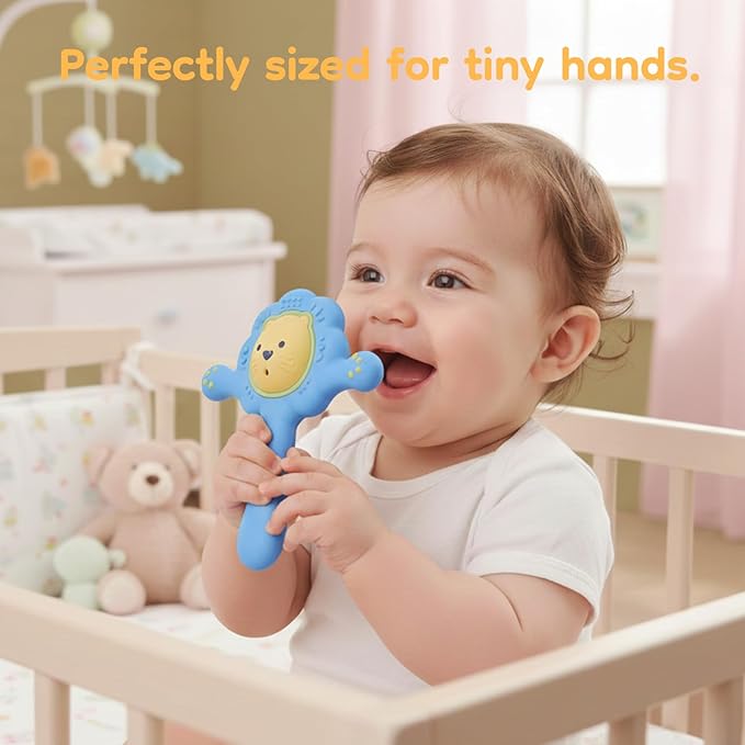 Lion Teething Toys for Babies, Soft Silicone Teether Rattle for Teething Relief 3 5 6 8 9 10 12 18 Months | BPA Free Montessori Sensory Toy for Baby Toddler Motor Skill Development, Blue