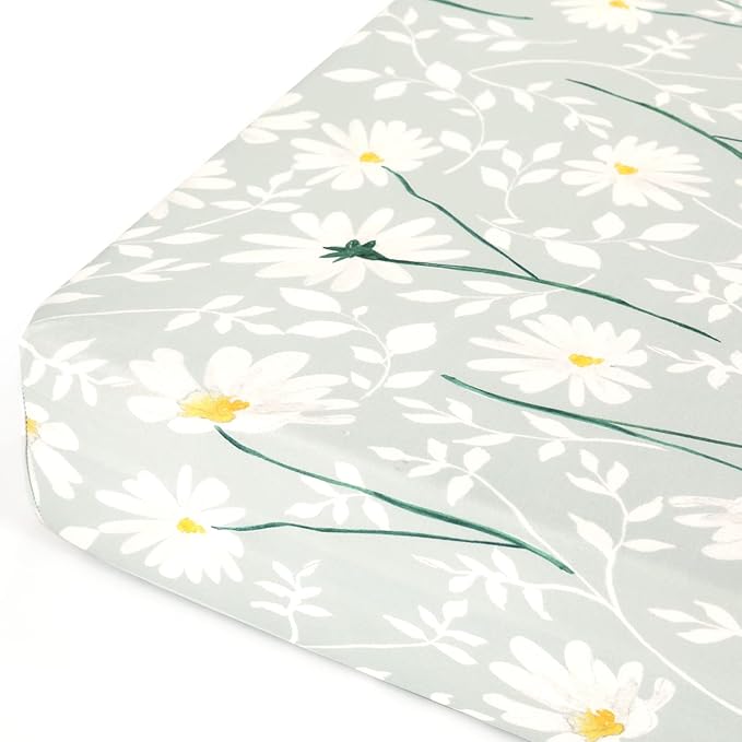 Stretchy Ultra Soft Jersey Knit Fitted Crib Sheets Set 2 Pack, Fit All Standard Crib Mattress Pads, Breathable Crib Sheet for Girls, Watercolor Daisy Flowers