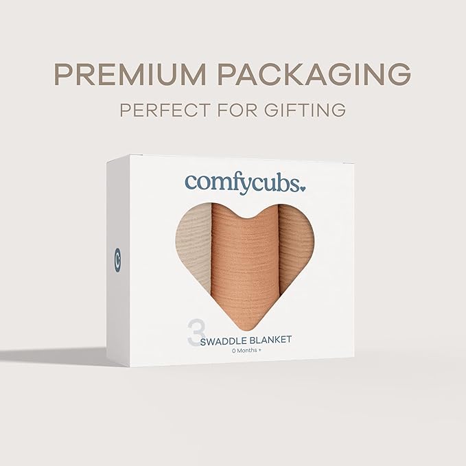 Comfy Cubs Muslin Swaddle Blankets Pack of 3, 42 x 42 Inch Soft 100% Cotton Baby Blanket Set, Large Wraps for Newborns - Self-Soothing Swaddles for Newborns - Sand, Cedar, Caramel