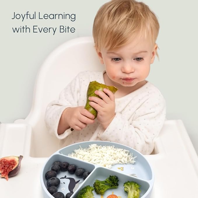 Silicone Suction Plates with Dividers - Grip Plates for Babies 6-12 Months and Toddlers 1-3, Toddler and Baby Dishes, Baby Led Weaning Essentials, Dishwasher Safe (Blue - Under the Sea)