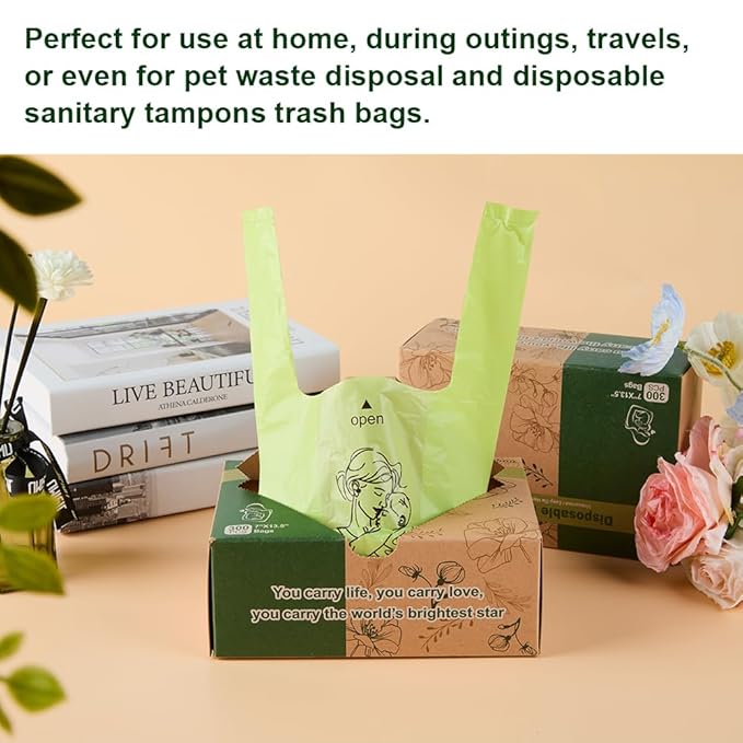 Diaper Bags Disposable for Baby, 300 Count Dirty Disposable Diaper Sacks, Easy-Tie Handles, Sanitary Napkin Disposal Bag, Diaper Disposal or Pet Waste Bags,Rainbow