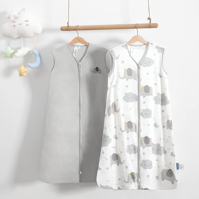TILLYOU 2 Pack Baby Sleep Sack 12-18 Months 100% Cotton Wearable Blanket 0.5 TOG Sleeveless Summer Sleep Sacks with 2-Way Zipper, Grey Elephant & Cloud