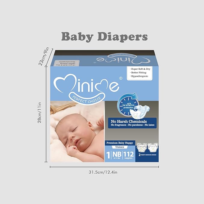 Minime Baby Diapers - Size 1, Newborn (6-11 lbs), 112 Count, Premium Ultra Soft Disposable Baby Diapers, Hypoallergenic, Fragrance Free
