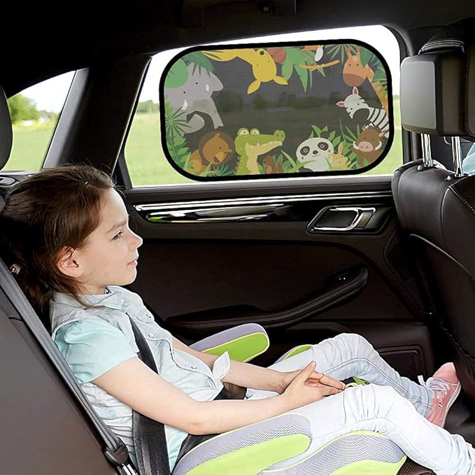 MOVINPE Car Sun Shade for Baby Kids 2 Pack Static Cling Side Window Car 80GSM Rear Sunshades Universal with 8 Suction Cups and Storage Bag - Sun Glare and UV Rays Protection (Jungle Animals)
