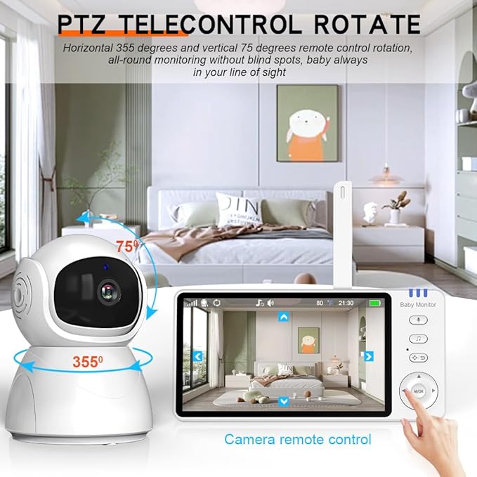 5" Video Baby Monitor with Camera and Audio, No WiFi No App, 720P HD Secure Connection, 1000ft Range, Night Vision, Temp & Feeding Alarm, 355° PTZ