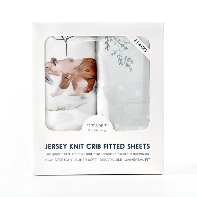 Stretchy Ultra Soft Jersey Knit Fitted Crib Sheets Set 2 Pack,Fit All Standard Crib Mattress Pads Safe and Snug, Stylish Pattren of Bear and Wolf Print