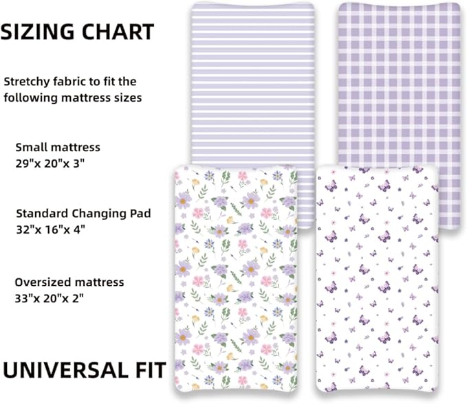 4 Pack Butterfly Baby Crib Sheets for Baby Girls Purple Crib Fitted Sheets for Standard Size Crib and Toddler Mattress Soft and Breathable (Changing Pad)