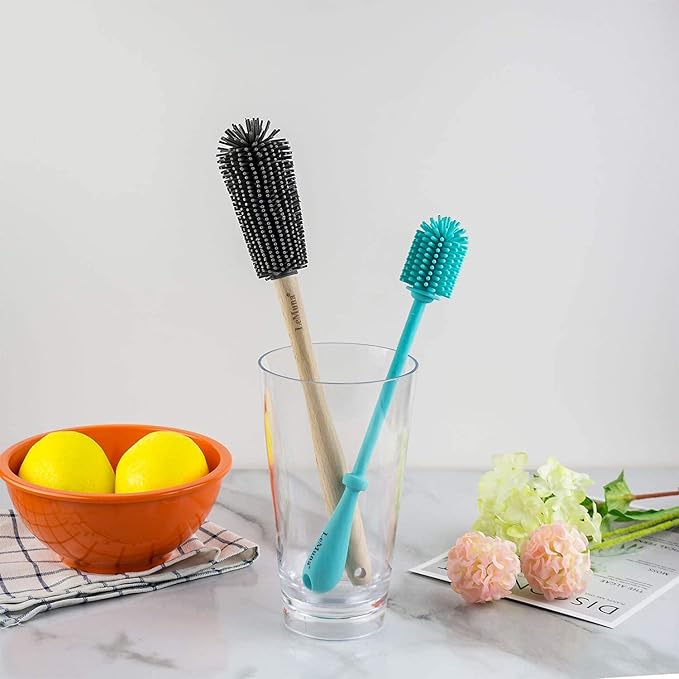 LeMuna Silicone Bottle Brush Set with Wooden Handle - Silicone Brush & Straw Cleaner for Hydro Flask, Sports Bottle, Glassware