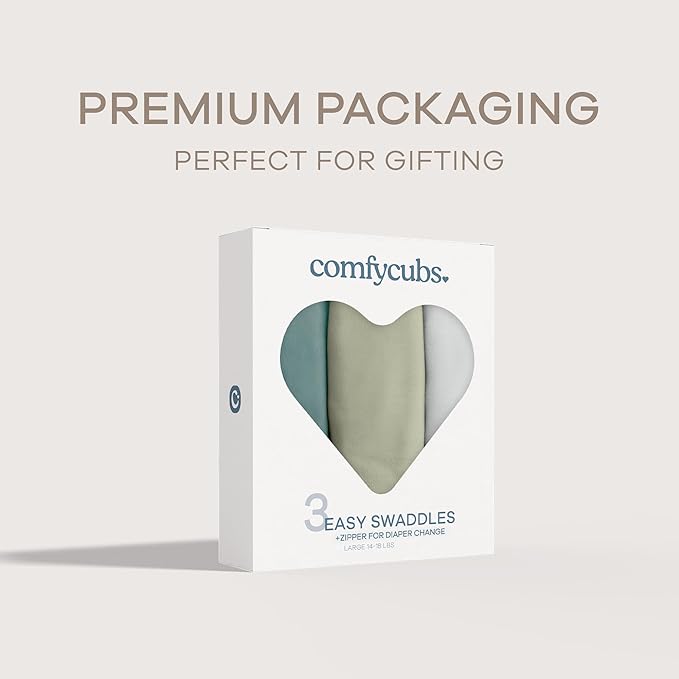 Comfy Cubs Easy Swaddle Blanket with Zipper Closure, 3 Pack - 100% Cotton Newborn Wrap, Large for 3-6 Months Infants, Breathable and Durable Sleep Sack for Babies - Stone, Sage, Azul