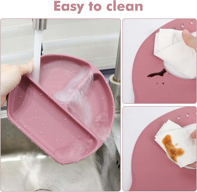 Silicone Baby Feeding Set 15 Pcs,Baby Spoons Suction Bowl Divided Plate Bib Cup Finger Brush ,Baby Led Weaning Supplies,Baby & Toddler Silicone Plates and Bowls Dining Set(pink)