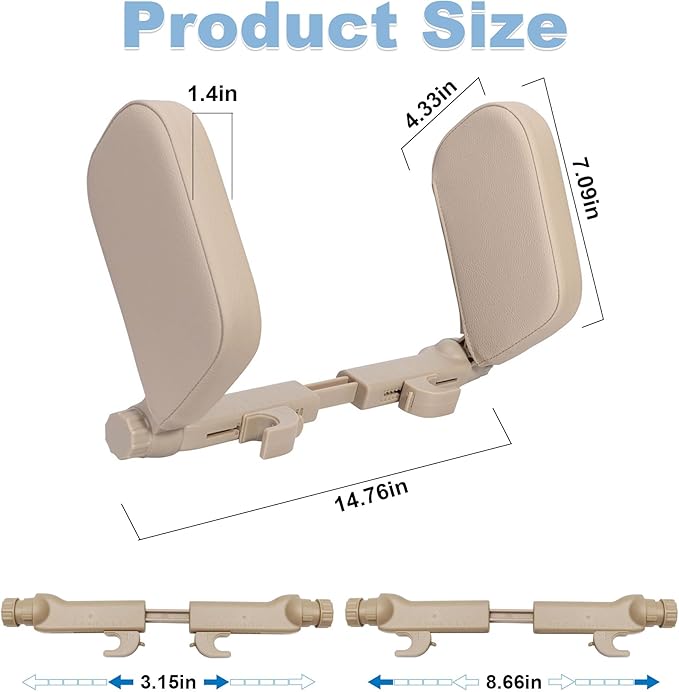 Car Headrest Pillow, Adjustable Head Rest Pillow for Car Seat, Head Neck Support for Kids Adults Travel Sleeping, Fit for Headrest with Poles (Beige)