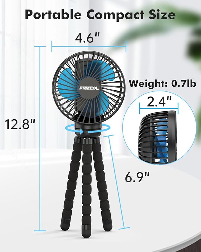 FRIZCOL Stroller Fan for Baby - Portable Fans Rechargeable - Battery Operated Fan(Use for 24Hrs) - Fan for Handheld/Clip On/Car Seat/Desk/Camping