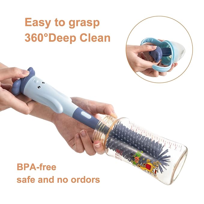 Chemimoso Cup Cleaning Brush, Silicone Baby Bottle Brush with Stand, Large Handle Water Bottle Brush Cleaner Set, with a Tiny Cup Lid Gap Cleaning Brush, Cup Lid Cleaner Brushes Kit, Blue