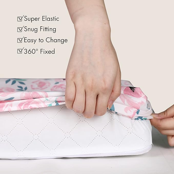 Gllquen Baby Bassinet Sheets Set 2-Pack, Breathable Cozy Bassinet Fitted Sheet Universal Fit Standard Mattress Oval Rectangle Cradle Baby Sheets for Baby Boy Girls Unisex 32"x16" (Pink Flower)