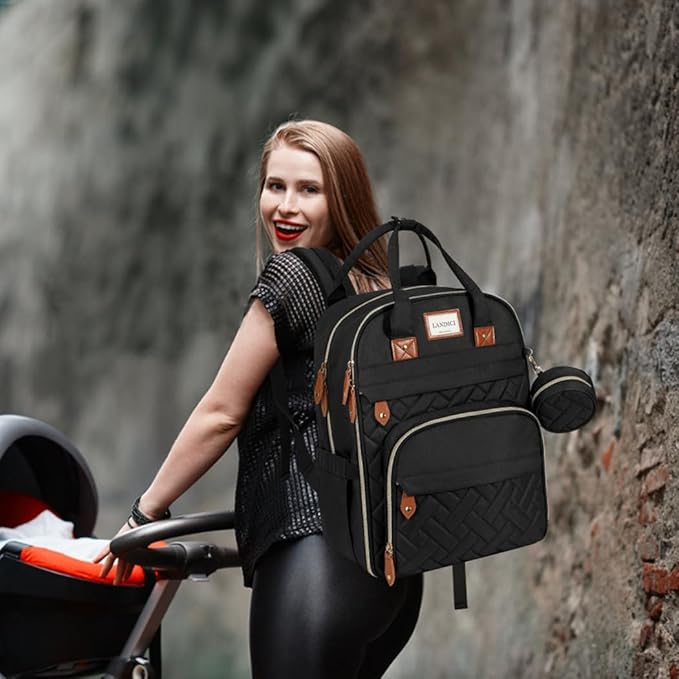 LANDICI Diaper Bag Backpack, Multifunction Baby Diaper Bags with Changing Pad, Stroller Straps & Pacifier Case, Travel Essentials Back Pack for Mom Dad Boy Girl, Large Capacity, Waterproof, Black