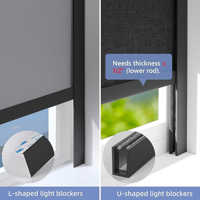 ZSTARR U Channel Aluminium Alloy Light Blocking Strips for Roller Blinds Light Gap Blockers Window Shades Side Rail Tracks Bedroom Sleep Nursery (Black,58",2Pcs)