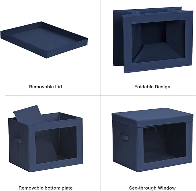 Stackable Storage Bins with Lids - Large Storage Box with Lids, Foldable Closet Boxes for Organizing, Wardrobe Clothes Organizer with Window, Cubes Bins for Living Room, 4 Pack, Navy Blue
