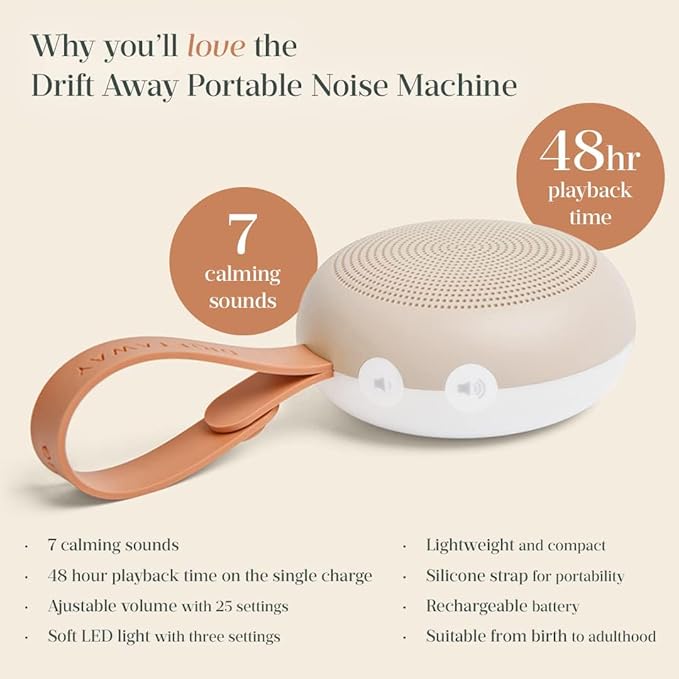ergoPouch Drift Away White Noise Machine – Portable Sound Therapy for Baby & Adult, 7 Soothing Sounds, Rechargeable Battery, Adjustable Light - Home, Travel, and Registry Gift