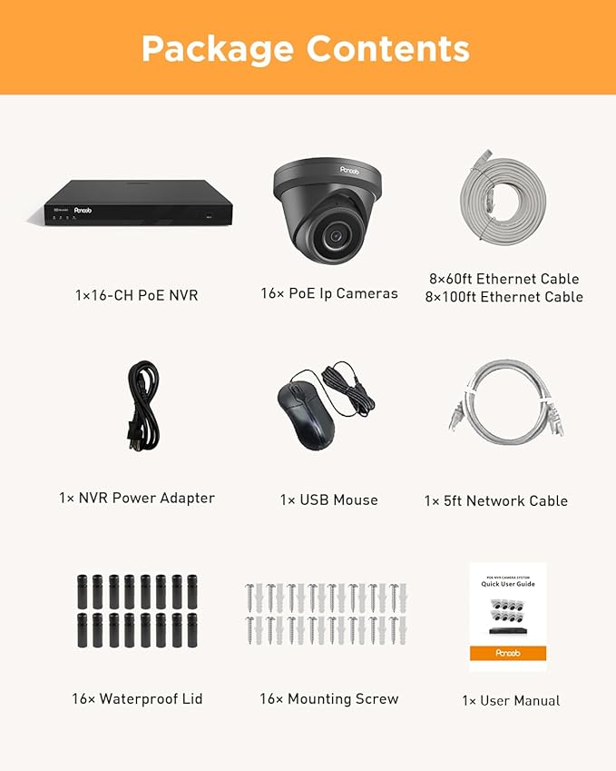 4K 16 Channel Security Camera System – 16x 5MP Wired IP Turret Dome Cameras with AI Human Detection, Built-in Mic, Remote Access, 4TB HDD NVR, 24/7 Recording, PD93A31616-5M-1