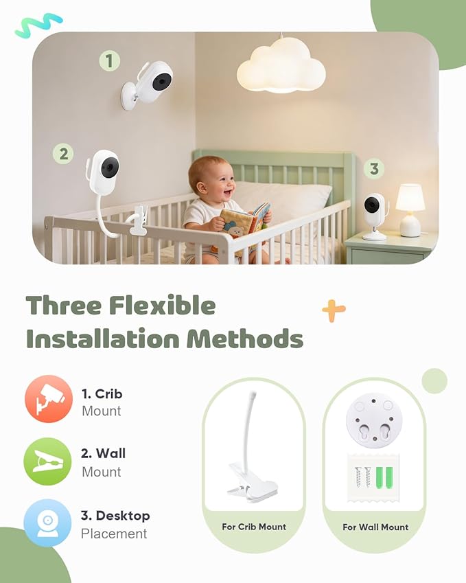 Baby Monitor No WiFi with Clip Mount, 2.8” Wireless Baby Monitor with Camera and Audio, 1080P Video, Night Vision, VOX, Temperature Sensor, 2-Way Audio, Lullabies