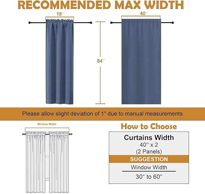 Aiyufeng Denim Blue Blackout Curtains for Bedroom 84 Inch Length 2 Panels Set, Solid Thermal Insulated Privacy Living Room Window Treatment Curtains Blackout Drapes, W40 x L84 Inch, Denim Blue