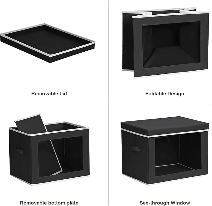 Storage Bins with Lids, 4 Pack Large Storage Cubes with Window, Closet Bins with Lids & Handles, Fabric Box for Organizing Clothes, Towels, Books, Black