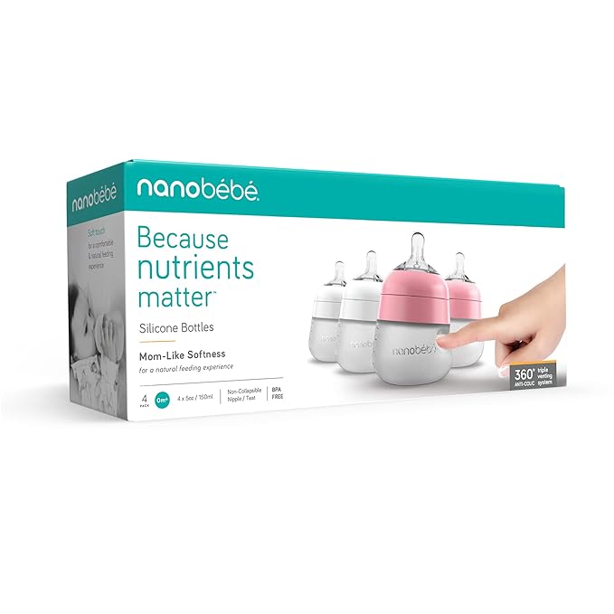 Nanobebe Flexy Silicone Baby Bottle, Anti-Colic, Natural Feel, Non-Collapsing Nipple, Non-Tip Stable Base, Easy to Clean 4-Pack, Pink/White, 5 oz