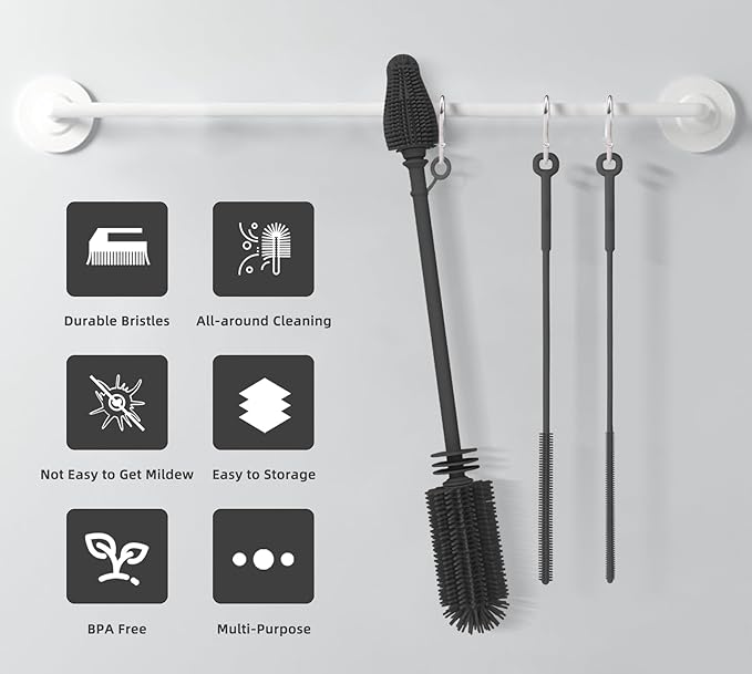 Silicone Bottle Brush and Straw Cleaner Set,Water Bottle Brush Double-Headed,Straw Brush Silicone,Bottle Cleaner Brush for Thermoses and Sports/Water Bottles/Dish/Cup (Black-Grey)