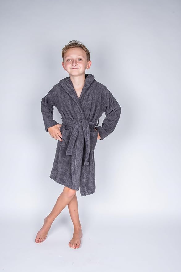 BAGNO MILANO Kids Organic Turkish Cotton Hooded Beach Cover-Up Towel, GOTS Certified, for Boys and Girls (Grey, 6-8 Years)