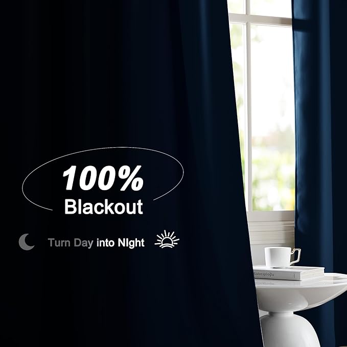 NICETOWN Moroccan Blue 100% Blackout Window Curtain Panels, Cold and Full Light Blocking Drapes with Black Liner for Nursery, 84 Inches Drop Thermal Insulated Draperies, 52 inches Wide, 2 Pieces