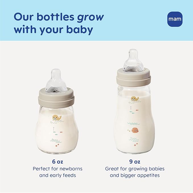 MAM Premium Glass Baby Bottles, Easy Switch Between Breast and Bottle, Feel Good Slow Flow, Newborn Essentials Must Have, 0+ Months, BPA Free, 6oz, Boy, 3 Pack
