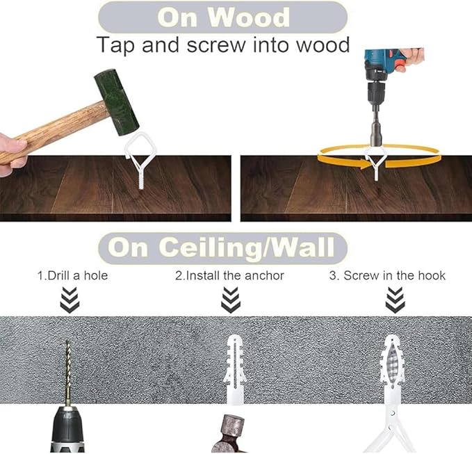 52-Pack Heavy-Duty White Screw Eye Hooks with Safety Clips | Metal Ceiling Hooks for Hanging Plants, Wind Chimes, Bird Feeders & Indoor/Outdoor Lights