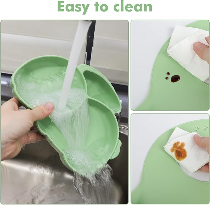 mraisebossup Silicone Baby Feeding Set 15 Pcs,Baby Spoons Suction Bowl Divided Plate Bib Cup Finger Brush Training cups,Baby Led Weaning Supplies(green)