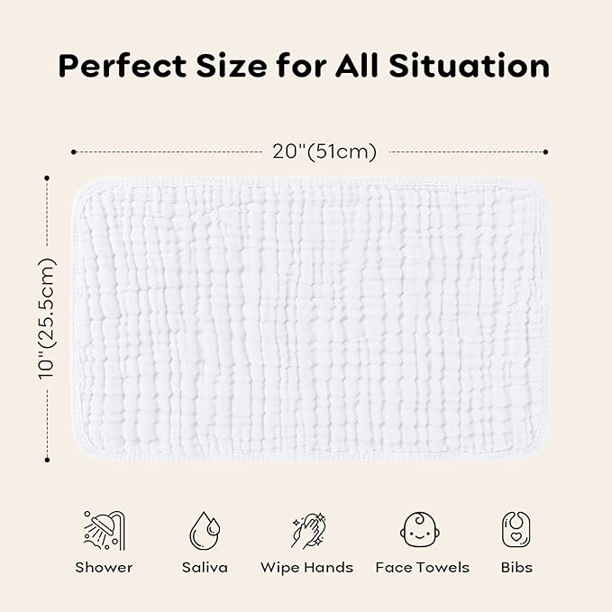 Looxii Muslin Burp Cloths Baby Girl 6 Pack - 20" x 10" - Ultra Soft & Absorbent, 6-Layer 100% Cotton for Spit Up & Drool- Gentle Baby Burping Cloth, Newborn Essentials Shower Gift Girl, White
