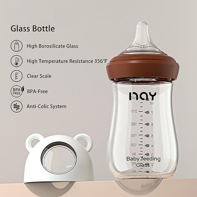 yanyoyo Natural Glass Baby Bottle for Breastfeeding Babies, 8oz Anti-Colic Baby Bottle with Natural Response Nipple(M), Clear, Wide Neck, 2 Pack, 3 Months+