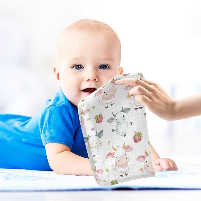 vvfelixl Cow Pink Cartoon Strawberry Baby Burp Cloths Baby Muslin Washcloths for Boys Girls Cotton Babys Face Towel for Newborn Infants Soft and Absorbent 11.8 X 11.8 in, 5 Pack