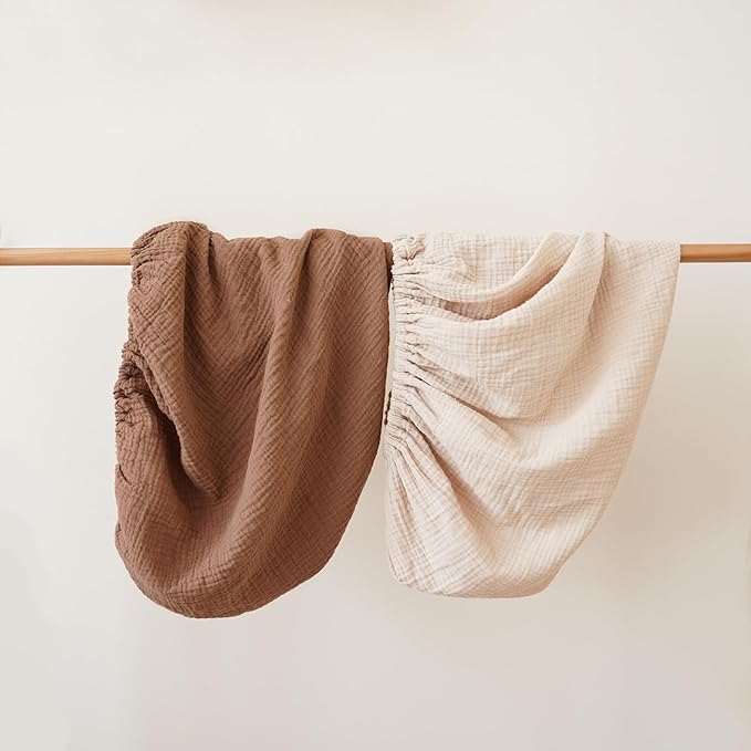Konssy 2 Pack Muslin Changing Pad Covers for Boys, Ultra Soft & Breathable Cotton Baby Diaper Changing Table Covers, Neutral Nursery Diaper Changing Pad Sheets (Brown,Cream)