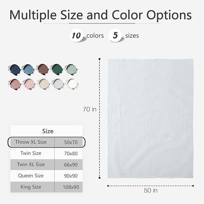 Carriediosa 100% Cotton Muslin Throw Blanket 50" X 70" Throw XL Size,4-Layers Summer Gauze Throws for Bed Couch,Soft Lightweight Breathable Linen Blankets Bedspread for Adults All Season,White